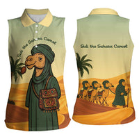 Mauritania Women Sleeveless Polo Shirt with Sidi the Sahara Camel Cartoon and Desert Caravan Design
