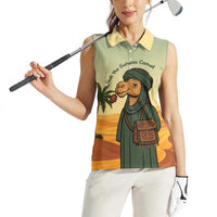 Mauritania Women Sleeveless Polo Shirt with Sidi the Sahara Camel Cartoon and Desert Caravan Design