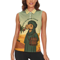 Mauritania Women Sleeveless Polo Shirt with Sidi the Sahara Camel Cartoon and Desert Caravan Design