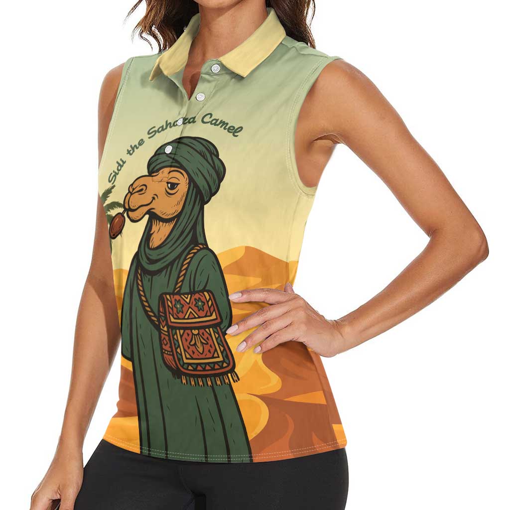 Mauritania Women Sleeveless Polo Shirt with Sidi the Sahara Camel Cartoon and Desert Caravan Design