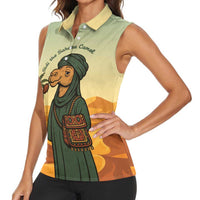 Mauritania Women Sleeveless Polo Shirt with Sidi the Sahara Camel Cartoon and Desert Caravan Design
