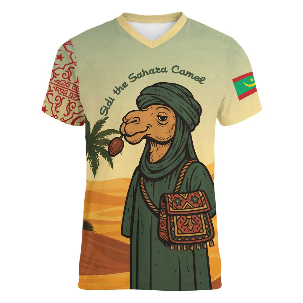 Mauritania Women V-Neck T-Shirt with Sidi the Sahara Camel Cartoon and Desert Caravan Design