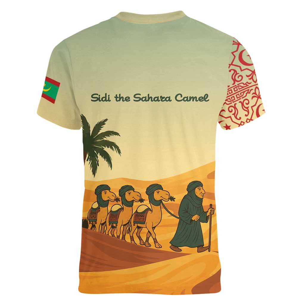 Mauritania Women V-Neck T-Shirt with Sidi the Sahara Camel Cartoon and Desert Caravan Design
