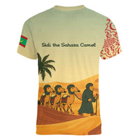 Mauritania Women V-Neck T-Shirt with Sidi the Sahara Camel Cartoon and Desert Caravan Design