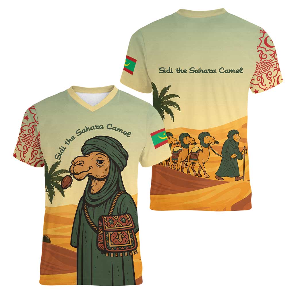 Mauritania Women V-Neck T-Shirt with Sidi the Sahara Camel Cartoon and Desert Caravan Design