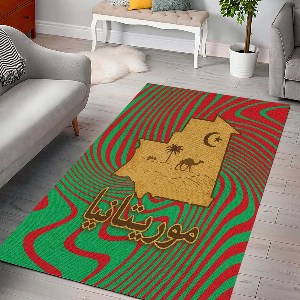 Mauritania Area Rug with Desert Camel Crescent Moon and Palm Tree Graphic in Red Green Gold Pattern
