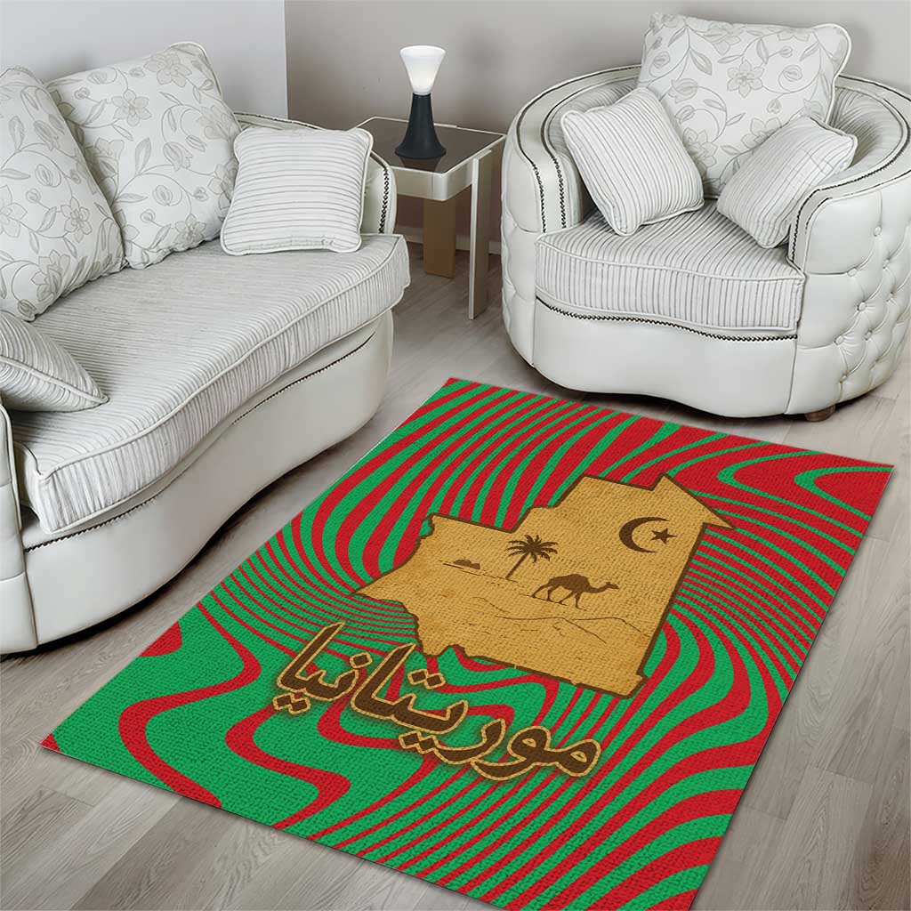 Mauritania Area Rug with Desert Camel Crescent Moon and Palm Tree Graphic in Red Green Gold Pattern