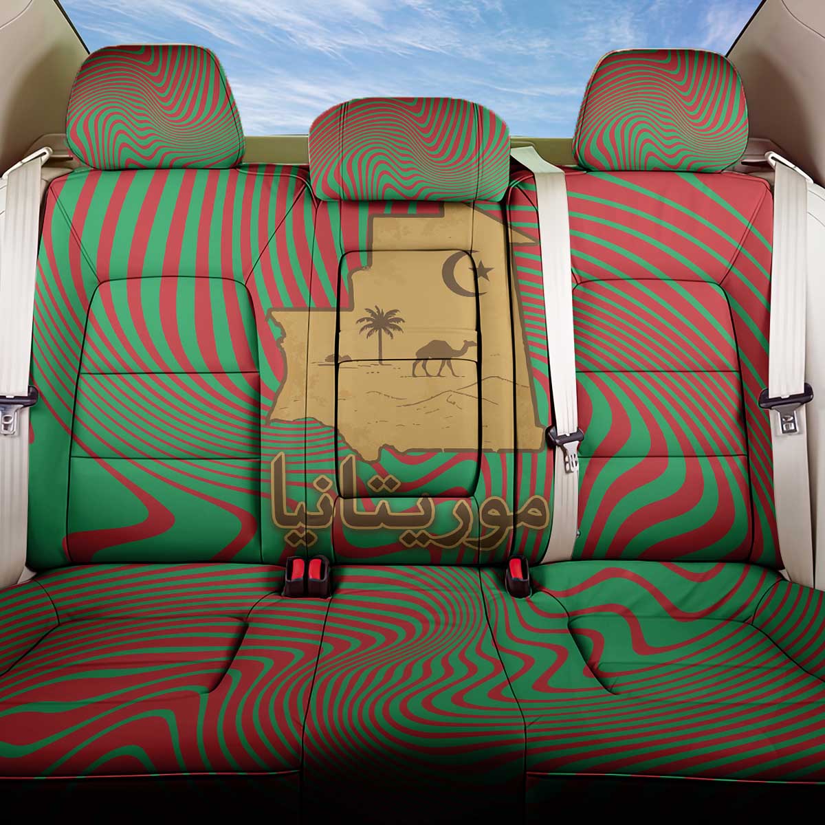 Mauritania Back Car Seat Cover with Desert Camel Crescent Moon and Palm Tree Graphic in Red Green Gold Pattern