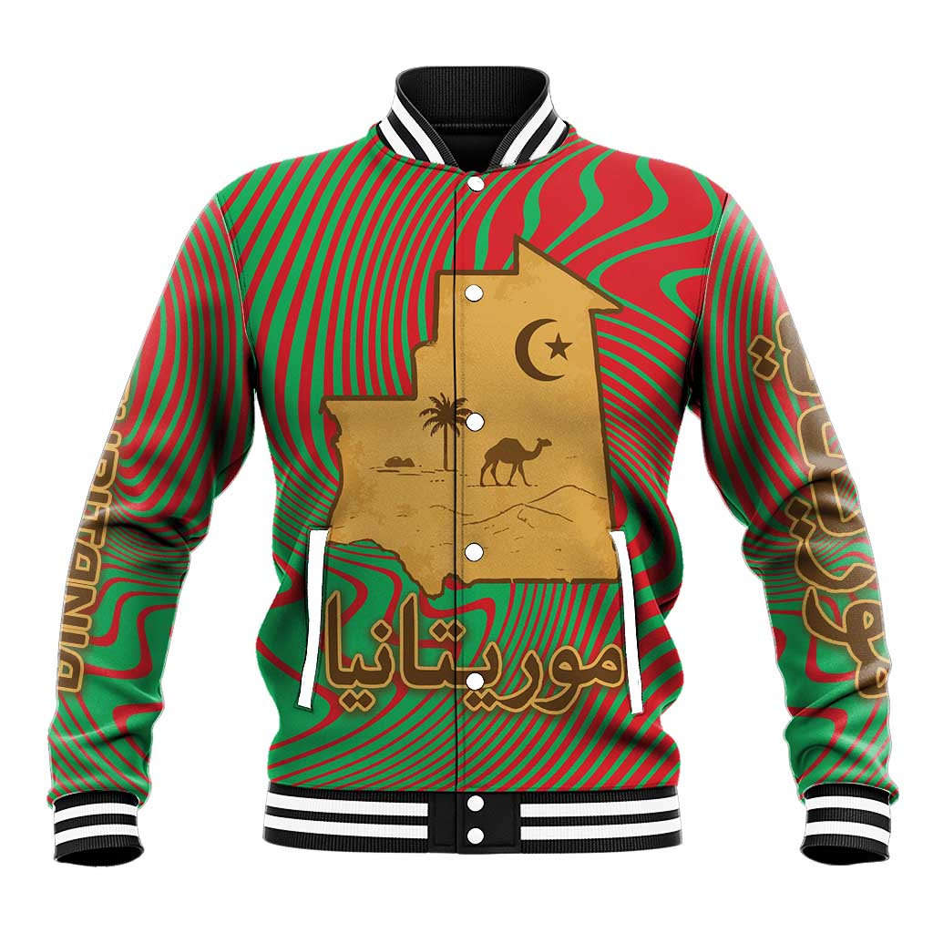 Mauritania Baseball Jacket with Desert Camel Crescent Moon and Palm Tree Graphic in Red Green Gold Pattern