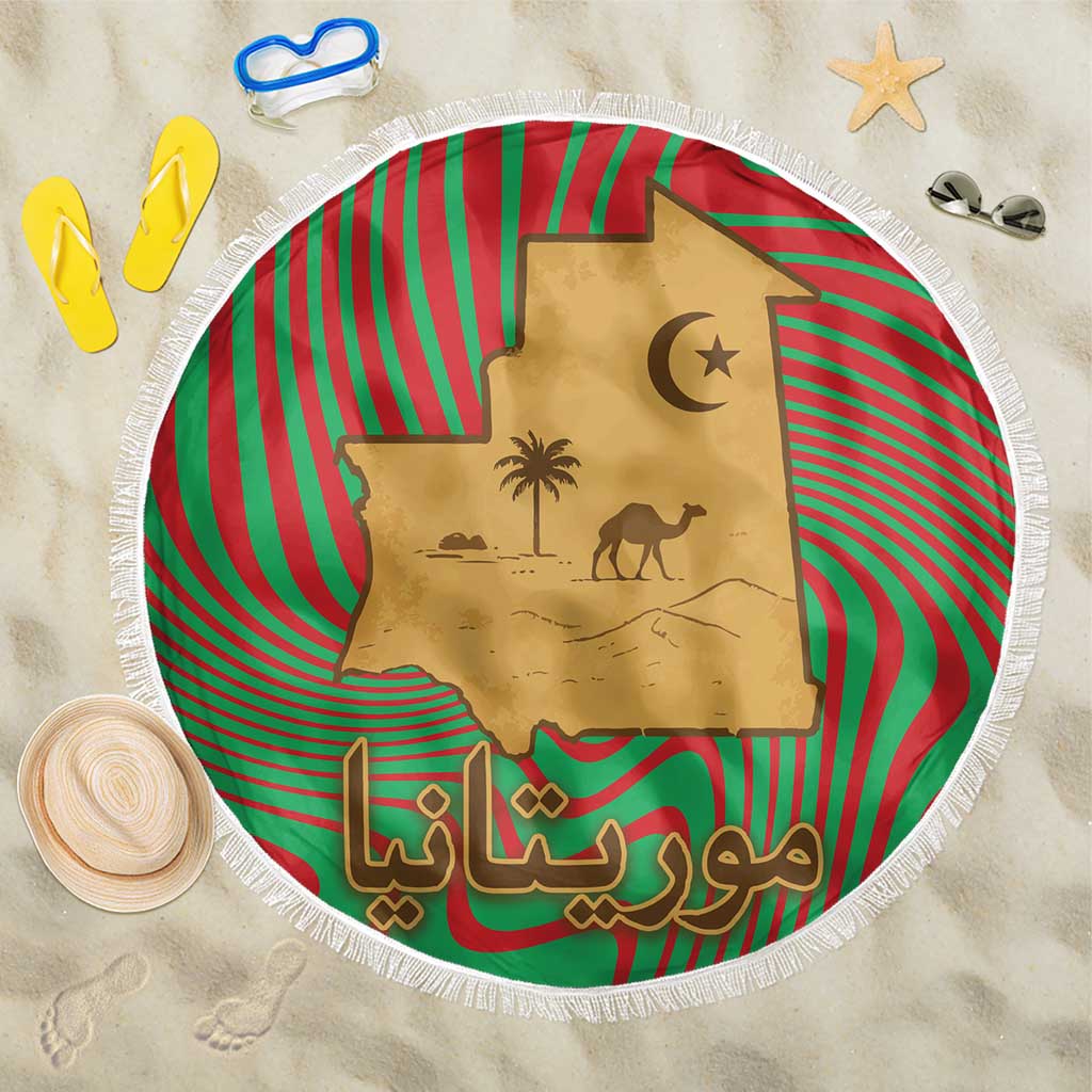 Mauritania Beach Blanket with Desert Camel Crescent Moon and Palm Tree Graphic in Red Green Gold Pattern
