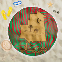 Mauritania Beach Blanket with Desert Camel Crescent Moon and Palm Tree Graphic in Red Green Gold Pattern