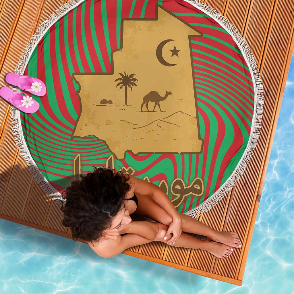 Mauritania Beach Blanket with Desert Camel Crescent Moon and Palm Tree Graphic in Red Green Gold Pattern