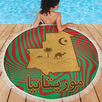Mauritania Beach Blanket with Desert Camel Crescent Moon and Palm Tree Graphic in Red Green Gold Pattern