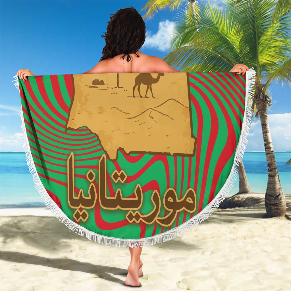 Mauritania Beach Blanket with Desert Camel Crescent Moon and Palm Tree Graphic in Red Green Gold Pattern