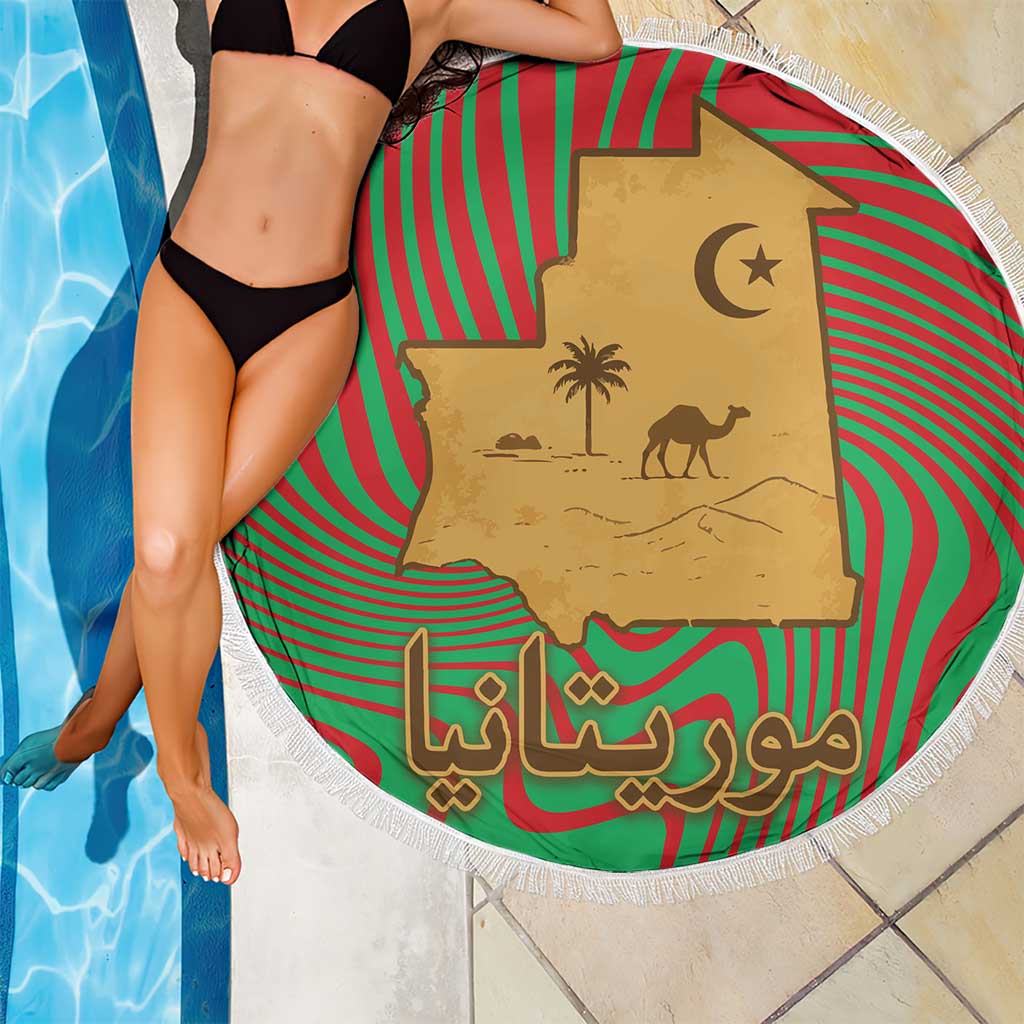 Mauritania Beach Blanket with Desert Camel Crescent Moon and Palm Tree Graphic in Red Green Gold Pattern
