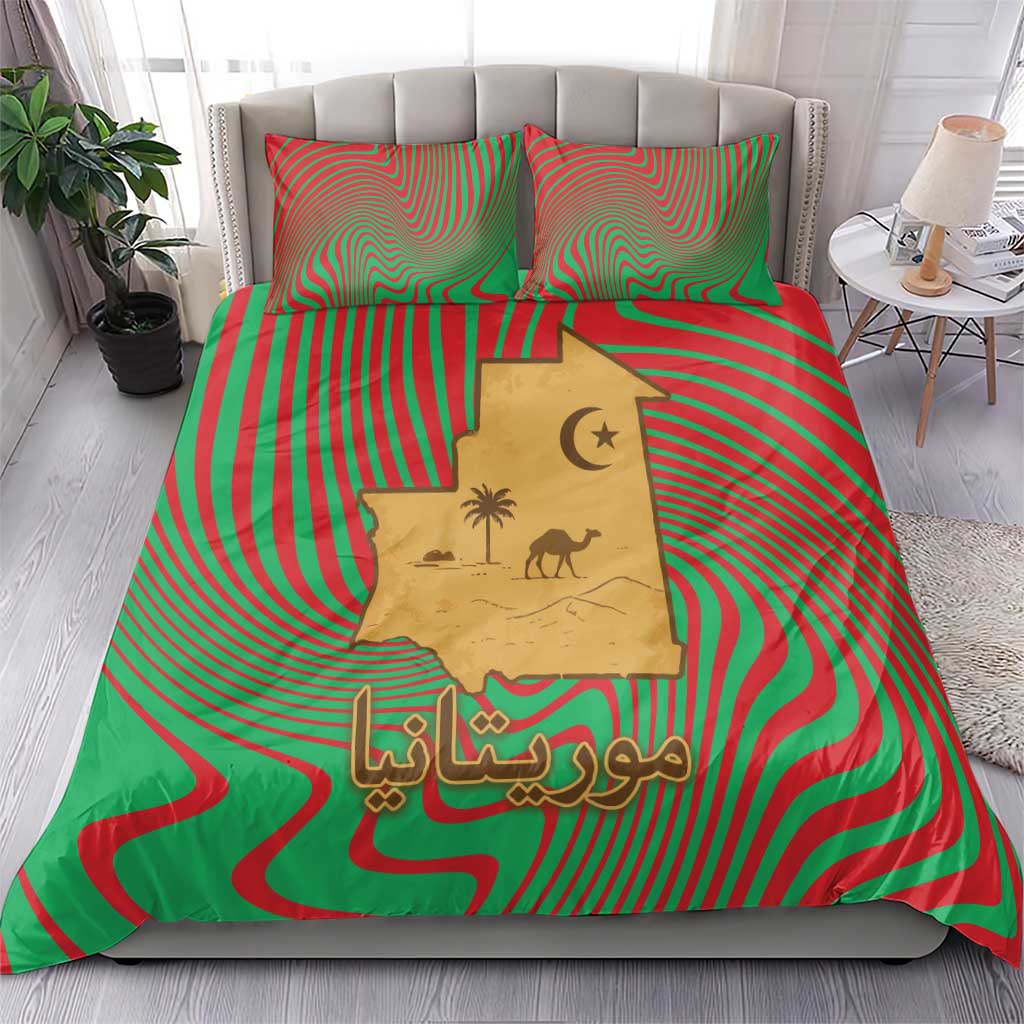 Mauritania Bedding Set with Desert Camel Crescent Moon and Palm Tree Graphic in Red Green Gold Pattern