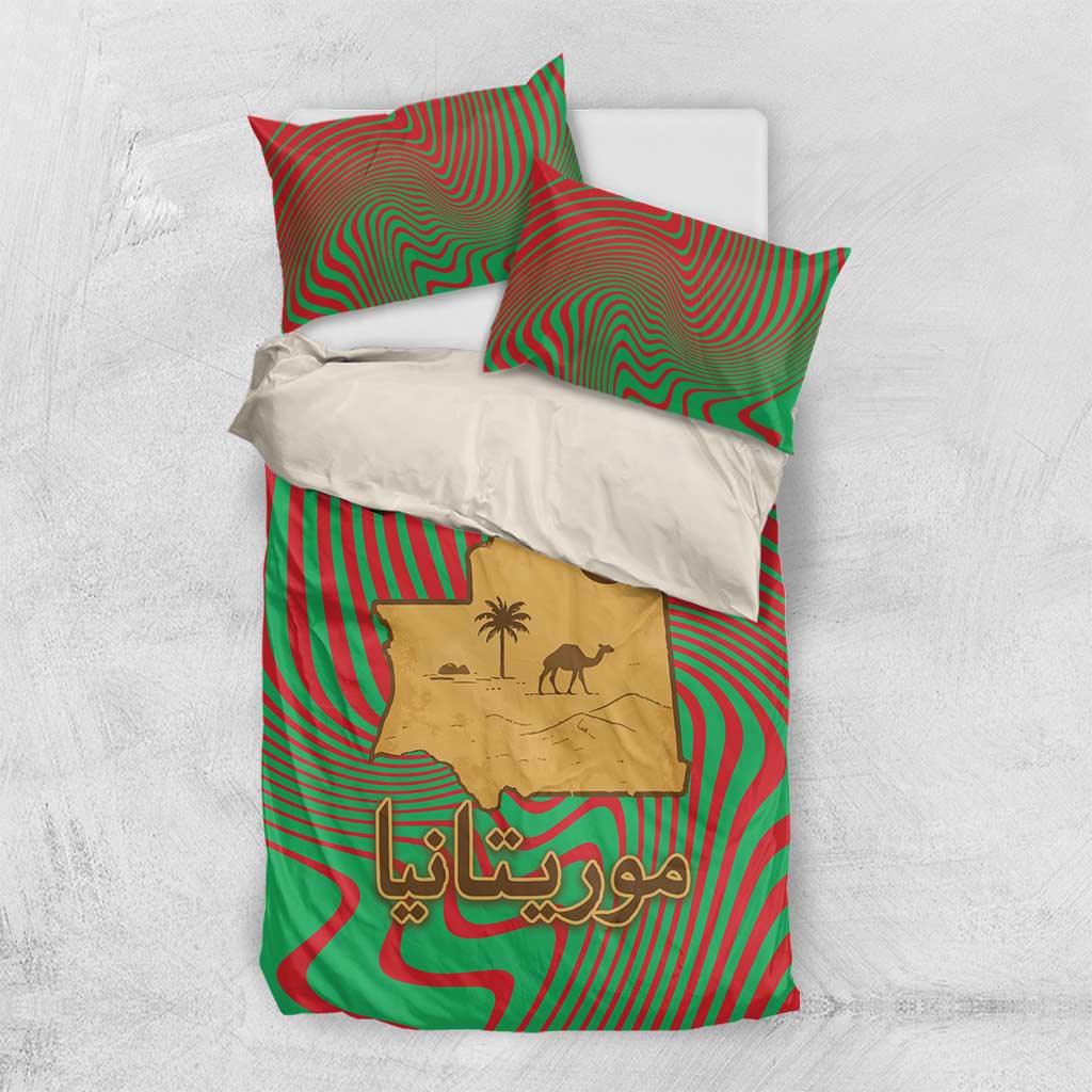 Mauritania Bedding Set with Desert Camel Crescent Moon and Palm Tree Graphic in Red Green Gold Pattern