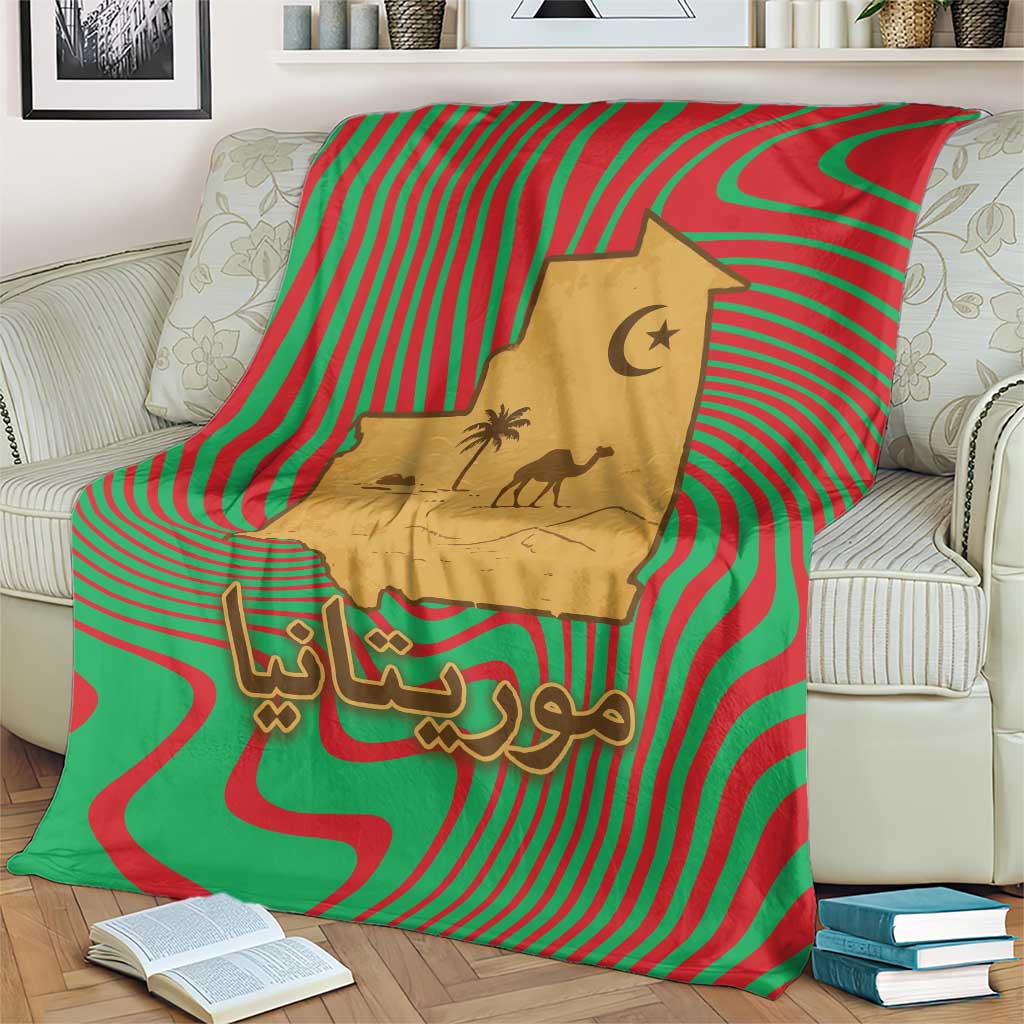 Mauritania Blanket with Desert Camel Crescent Moon and Palm Tree Graphic in Red Green Gold Pattern