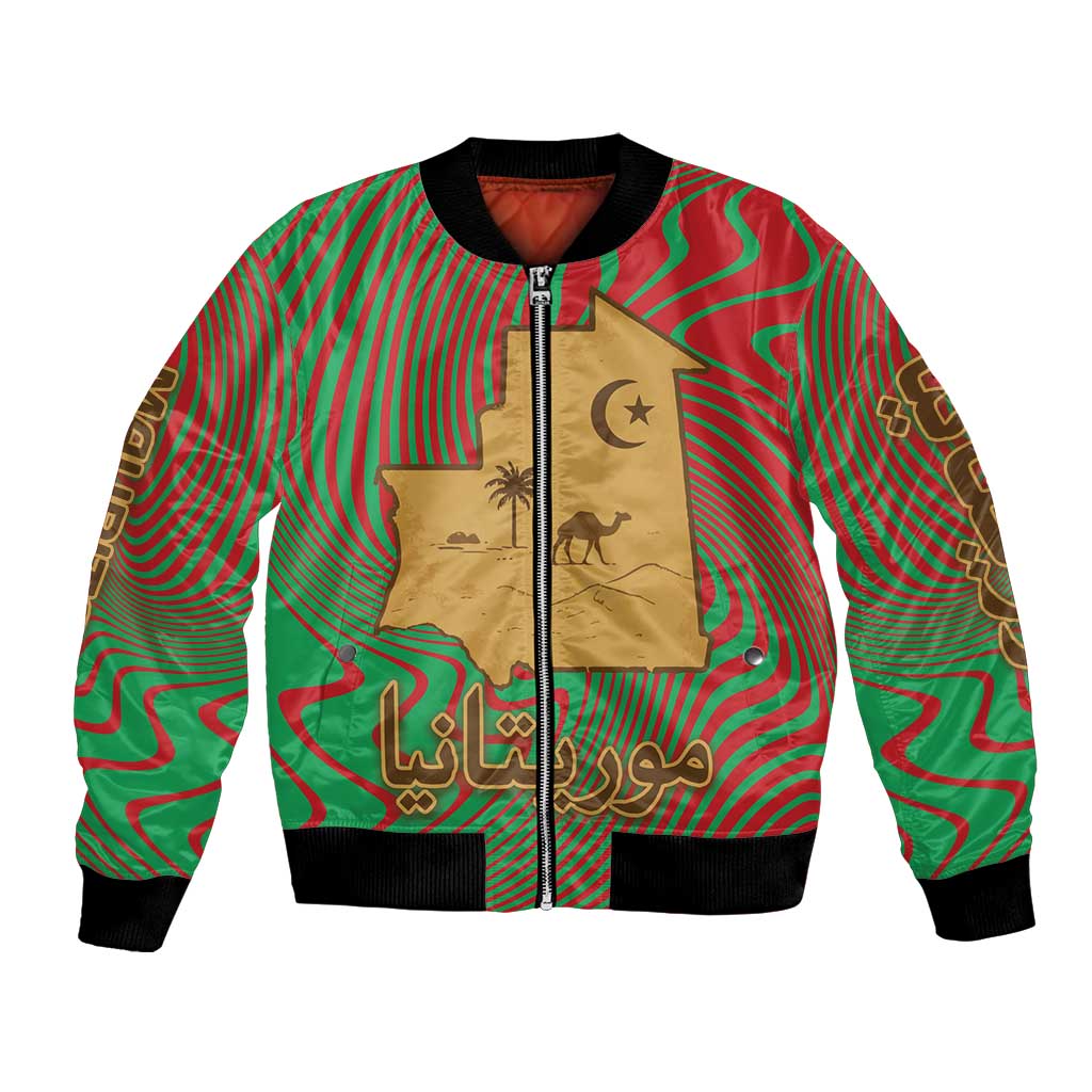 Mauritania Bomber Jacket with Desert Camel Crescent Moon and Palm Tree Graphic in Red Green Gold Pattern