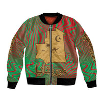 Mauritania Bomber Jacket with Desert Camel Crescent Moon and Palm Tree Graphic in Red Green Gold Pattern