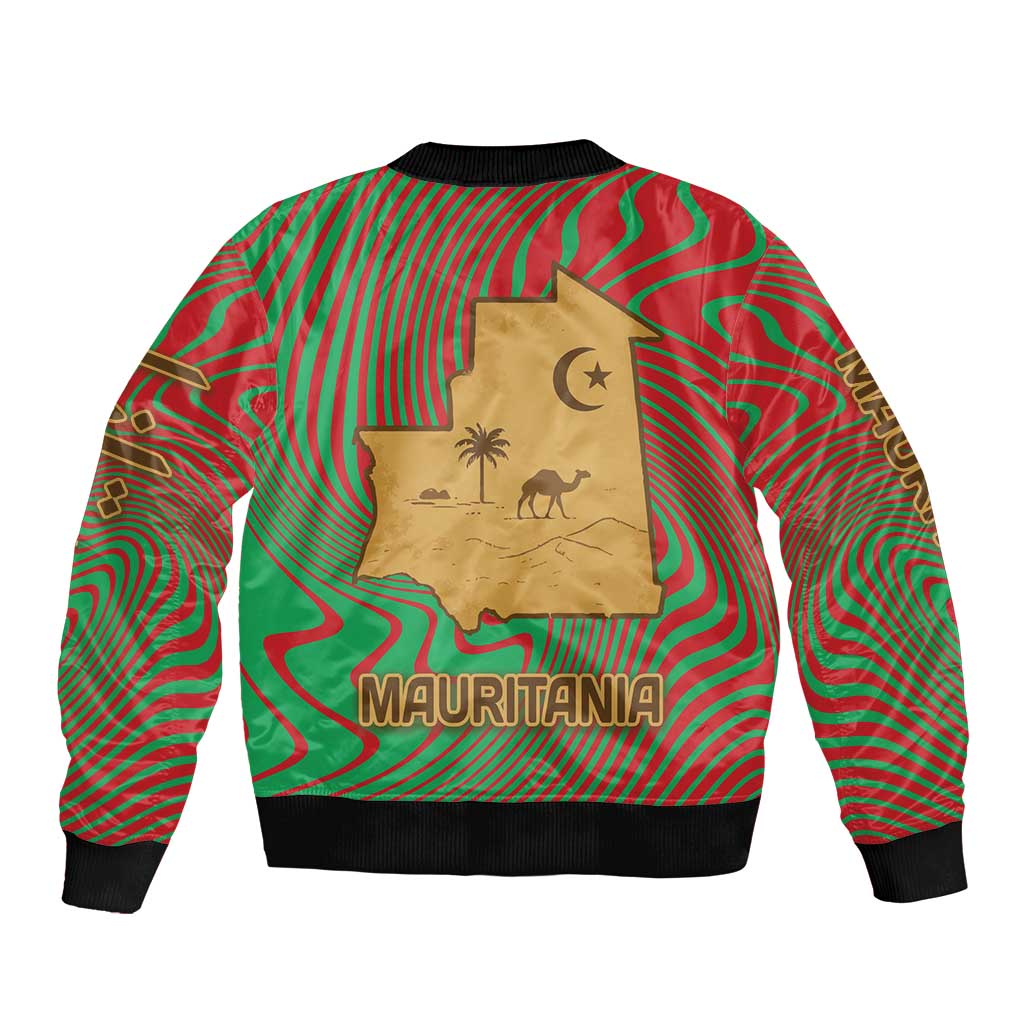 Mauritania Bomber Jacket with Desert Camel Crescent Moon and Palm Tree Graphic in Red Green Gold Pattern