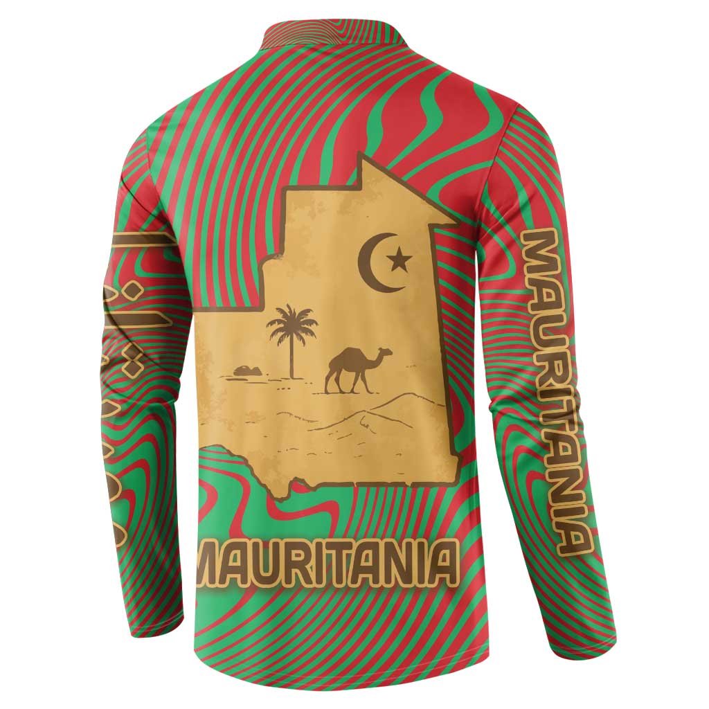 Mauritania Button Sweatshirt with Desert Camel Crescent Moon and Palm Tree Graphic in Red Green Gold Pattern