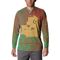 Mauritania Button Sweatshirt with Desert Camel Crescent Moon and Palm Tree Graphic in Red Green Gold Pattern