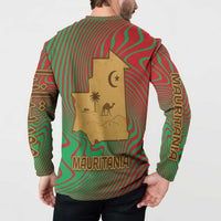 Mauritania Button Sweatshirt with Desert Camel Crescent Moon and Palm Tree Graphic in Red Green Gold Pattern