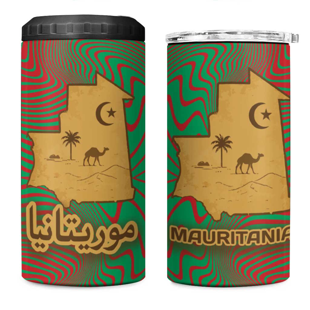 Mauritania 4 in 1 Can Cooler Tumbler with Desert Camel Crescent Moon and Palm Tree Graphic in Red Green Gold Pattern