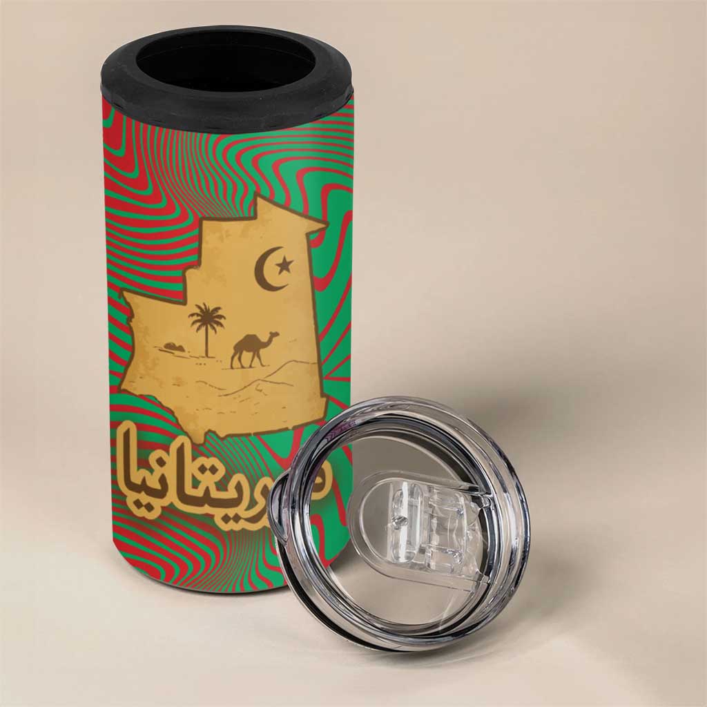 Mauritania 4 in 1 Can Cooler Tumbler with Desert Camel Crescent Moon and Palm Tree Graphic in Red Green Gold Pattern