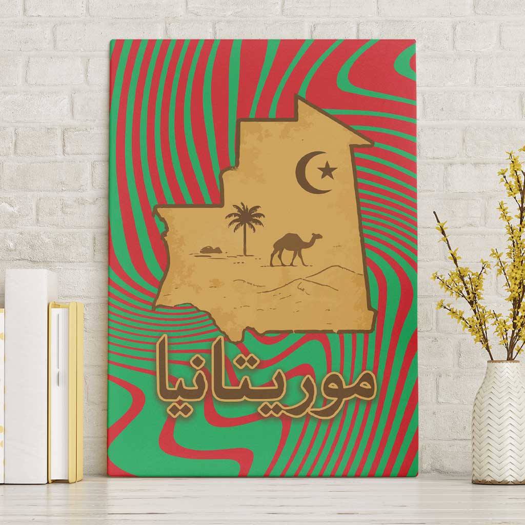 Mauritania Canvas Wall Art with Desert Camel Crescent Moon and Palm Tree Graphic in Red Green Gold Pattern
