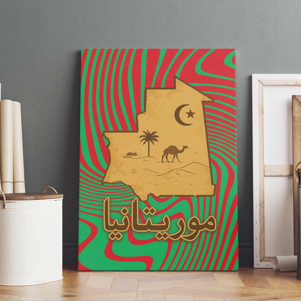 Mauritania Canvas Wall Art with Desert Camel Crescent Moon and Palm Tree Graphic in Red Green Gold Pattern