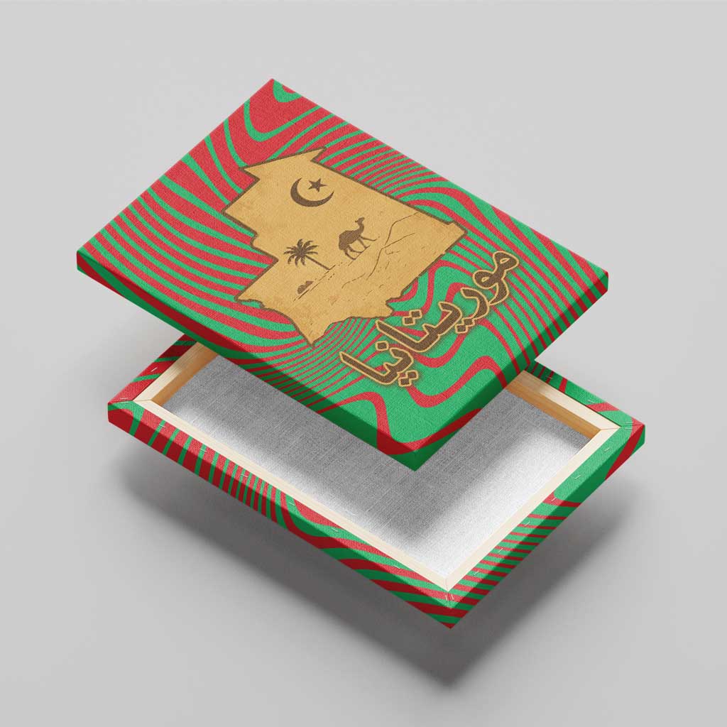 Mauritania Canvas Wall Art with Desert Camel Crescent Moon and Palm Tree Graphic in Red Green Gold Pattern