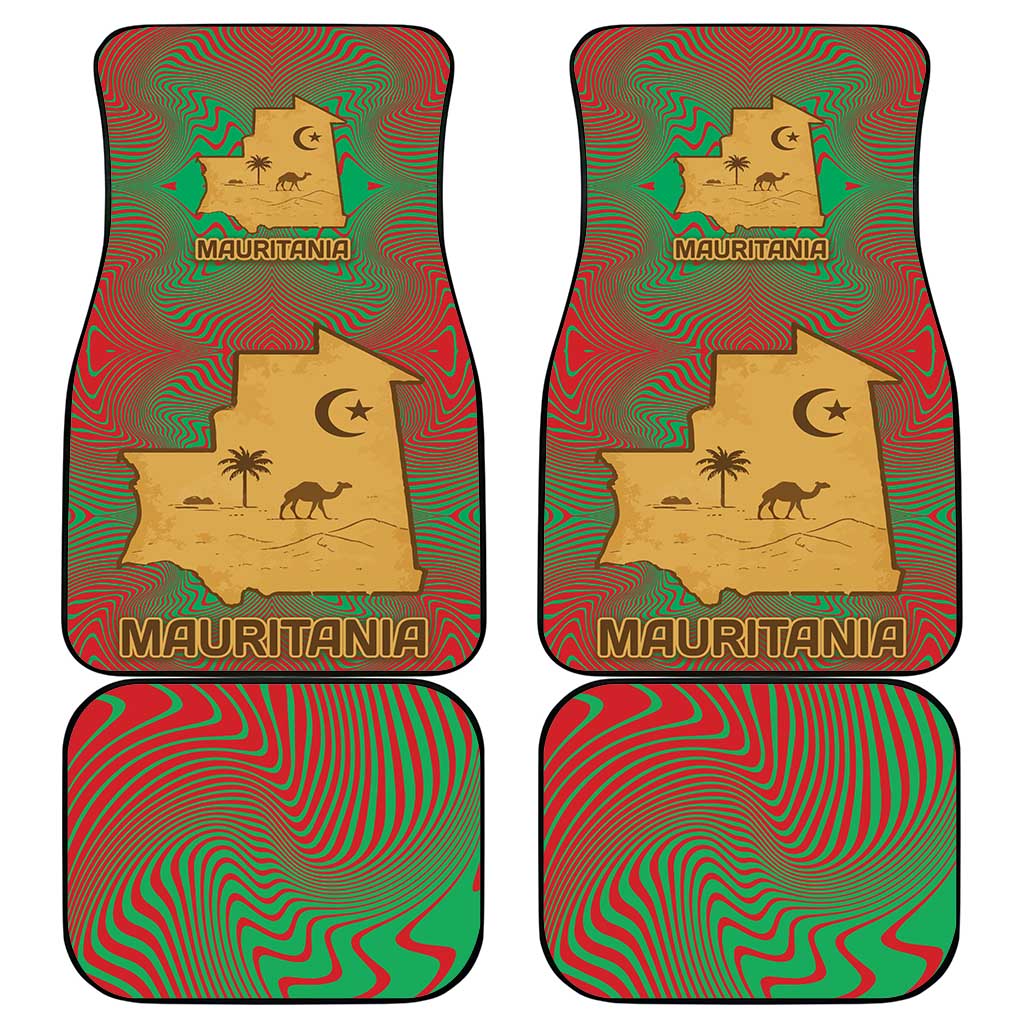 Mauritania Car Mats with Desert Camel Crescent Moon and Palm Tree Graphic in Red Green Gold Pattern
