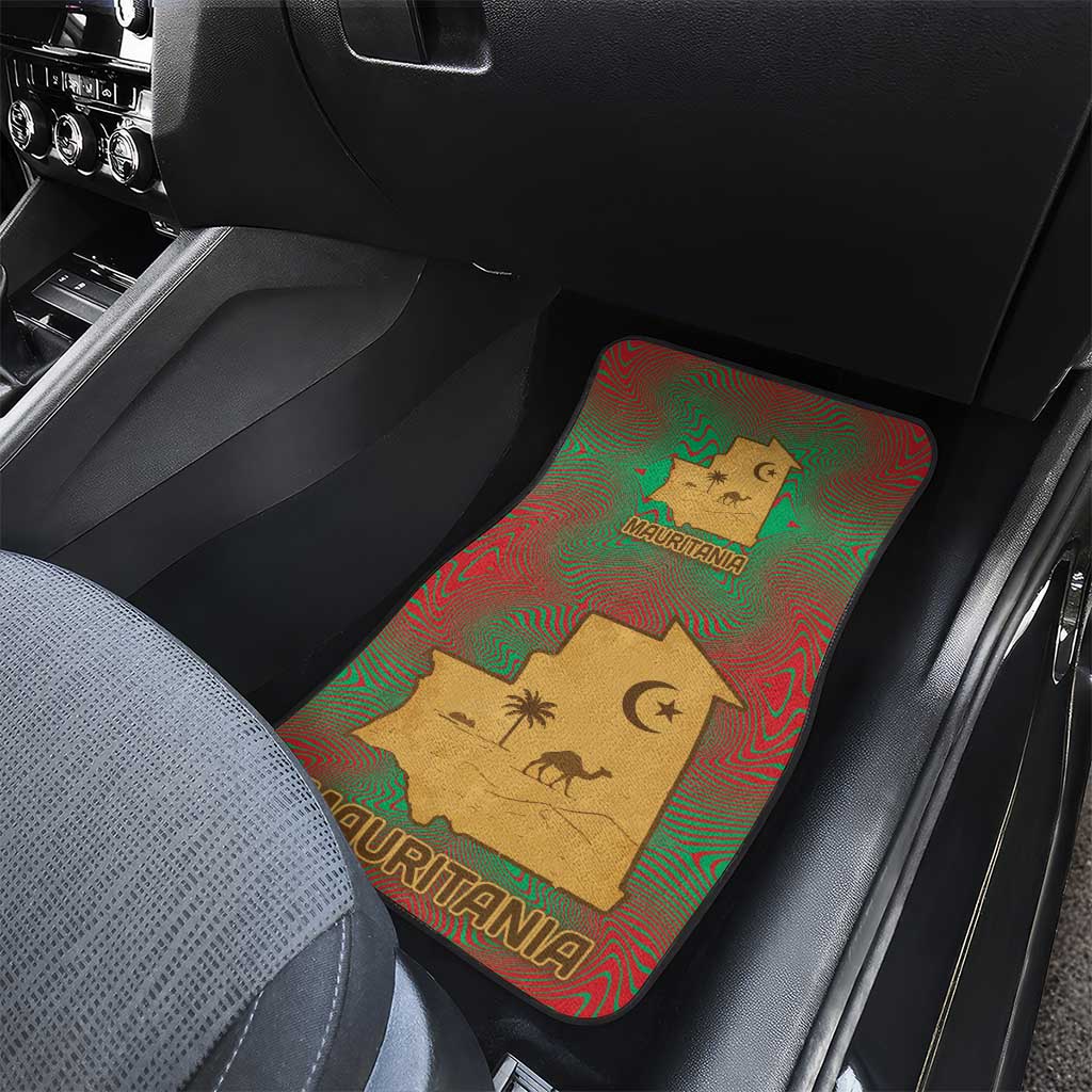 Mauritania Car Mats with Desert Camel Crescent Moon and Palm Tree Graphic in Red Green Gold Pattern