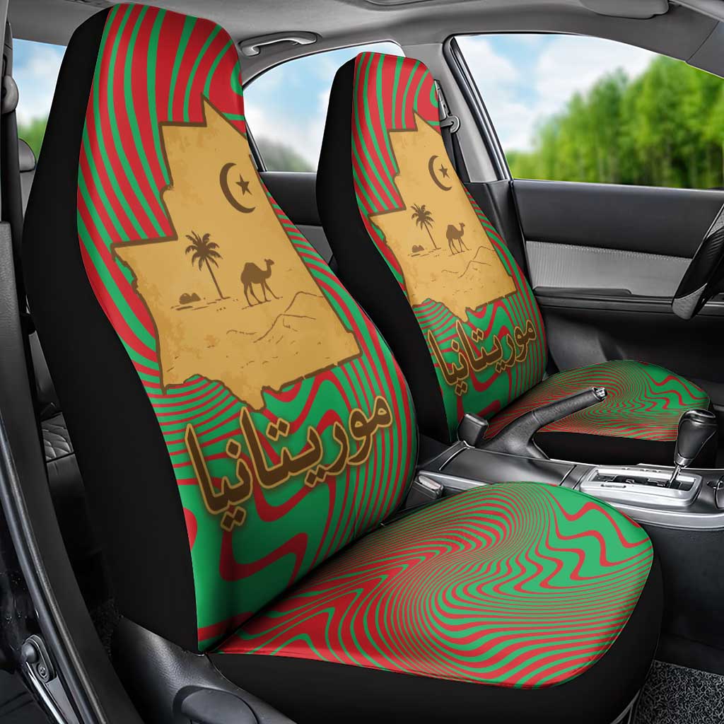 Mauritania Car Seat Cover with Desert Camel Crescent Moon and Palm Tree Graphic in Red Green Gold Pattern
