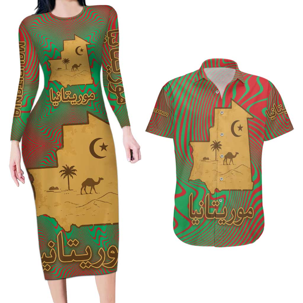 Mauritania Couples Matching Long Sleeve Bodycon Dress and Hawaiian Shirt with Desert Camel Crescent Moon and Palm Tree Graphic in Red Green Gold Pattern