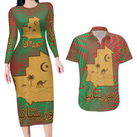 Mauritania Couples Matching Long Sleeve Bodycon Dress and Hawaiian Shirt with Desert Camel Crescent Moon and Palm Tree Graphic in Red Green Gold Pattern