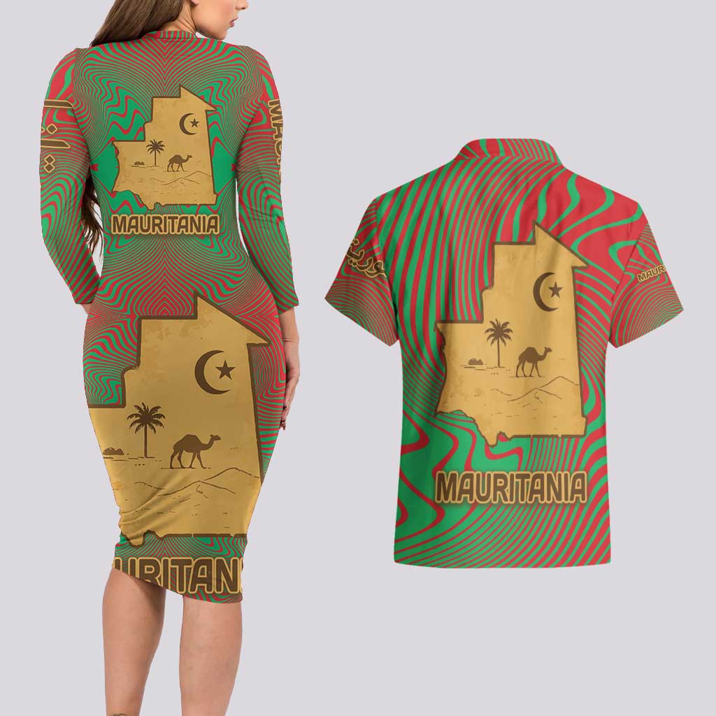 Mauritania Couples Matching Long Sleeve Bodycon Dress and Hawaiian Shirt with Desert Camel Crescent Moon and Palm Tree Graphic in Red Green Gold Pattern