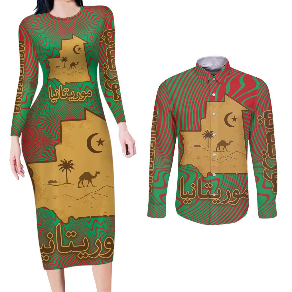 Mauritania Couples Matching Long Sleeve Bodycon Dress and Long Sleeve Button Shirt with Desert Camel Crescent Moon and Palm Tree Graphic in Red Green Gold Pattern