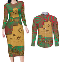 Mauritania Couples Matching Long Sleeve Bodycon Dress and Long Sleeve Button Shirt with Desert Camel Crescent Moon and Palm Tree Graphic in Red Green Gold Pattern