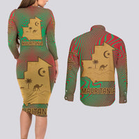 Mauritania Couples Matching Long Sleeve Bodycon Dress and Long Sleeve Button Shirt with Desert Camel Crescent Moon and Palm Tree Graphic in Red Green Gold Pattern
