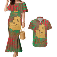 Mauritania Couples Matching Mermaid Dress and Hawaiian Shirt with Desert Camel Crescent Moon and Palm Tree Graphic in Red Green Gold Pattern