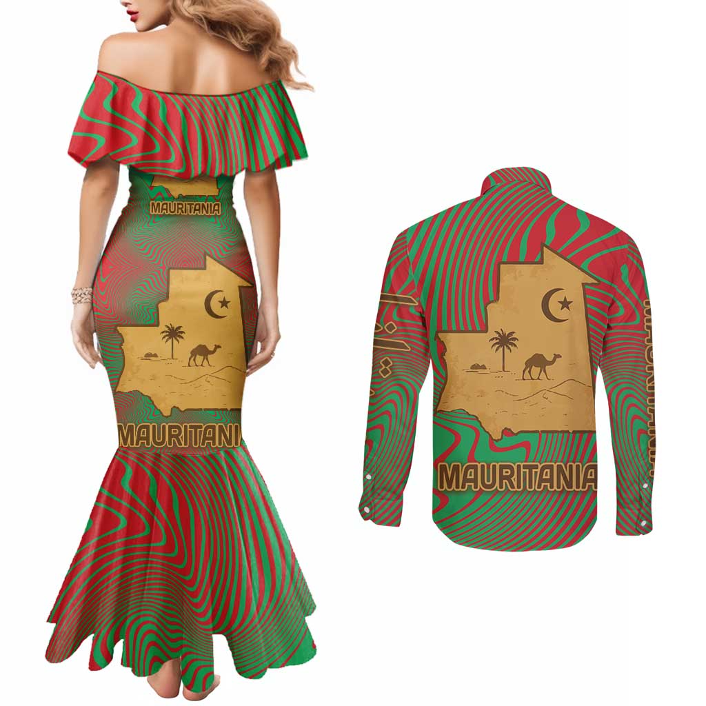 Mauritania Couples Matching Mermaid Dress and Long Sleeve Button Shirt with Desert Camel Crescent Moon and Palm Tree Graphic in Red Green Gold Pattern