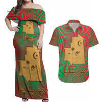 Mauritania Couples Matching Off Shoulder Maxi Dress and Hawaiian Shirt with Desert Camel Crescent Moon and Palm Tree Graphic in Red Green Gold Pattern