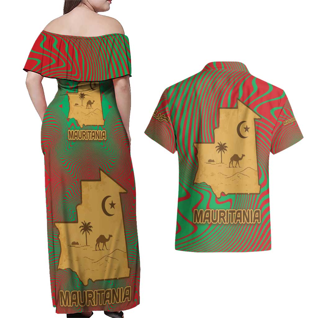 Mauritania Couples Matching Off Shoulder Maxi Dress and Hawaiian Shirt with Desert Camel Crescent Moon and Palm Tree Graphic in Red Green Gold Pattern
