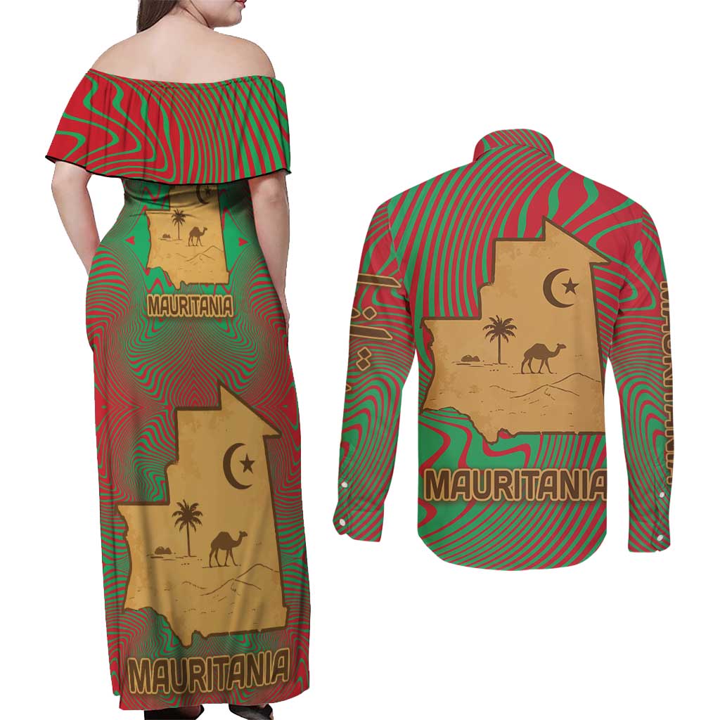 Mauritania Couples Matching Off Shoulder Maxi Dress and Long Sleeve Button Shirt with Desert Camel Crescent Moon and Palm Tree Graphic in Red Green Gold Pattern