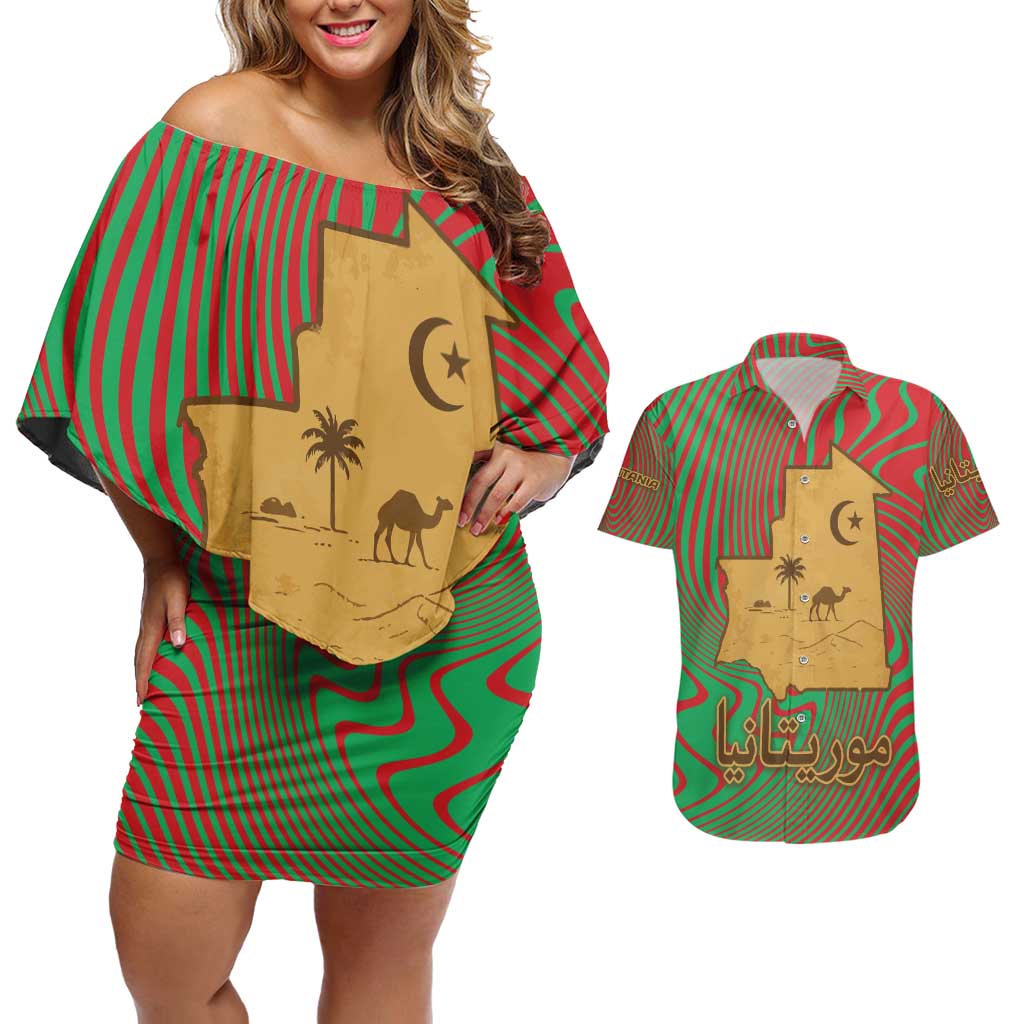 Mauritania Couples Matching Off Shoulder Short Dress and Hawaiian Shirt with Desert Camel Crescent Moon and Palm Tree Graphic in Red Green Gold Pattern