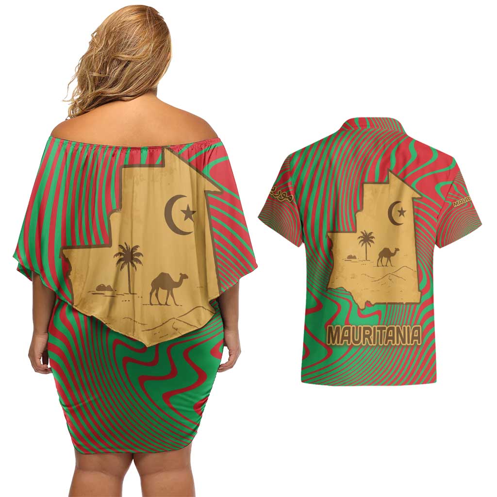 Mauritania Couples Matching Off Shoulder Short Dress and Hawaiian Shirt with Desert Camel Crescent Moon and Palm Tree Graphic in Red Green Gold Pattern