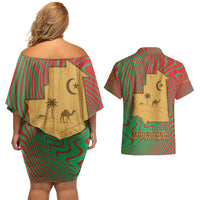 Mauritania Couples Matching Off Shoulder Short Dress and Hawaiian Shirt with Desert Camel Crescent Moon and Palm Tree Graphic in Red Green Gold Pattern